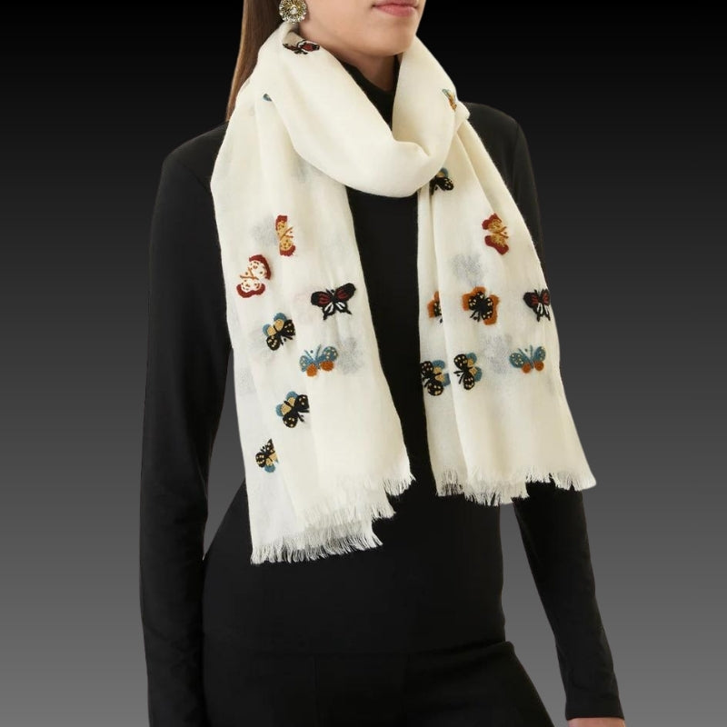 White Butterfly Wool Scarf